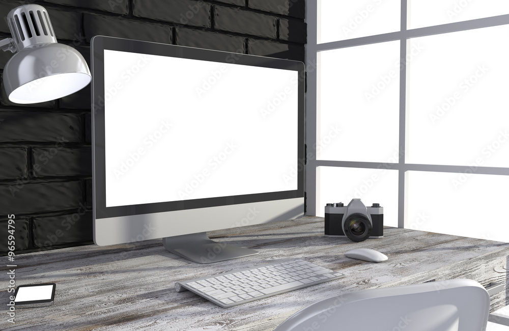 Fototapeta premium 3D illustration PC screen on table in office, Workspace