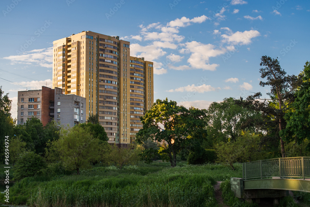 Residential buildings by the lake in nature in St. Petersburg, Russia