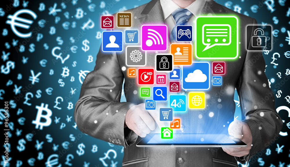 Business man using tablet PC with social media icon set Business man using tablet PC with social media icon set
