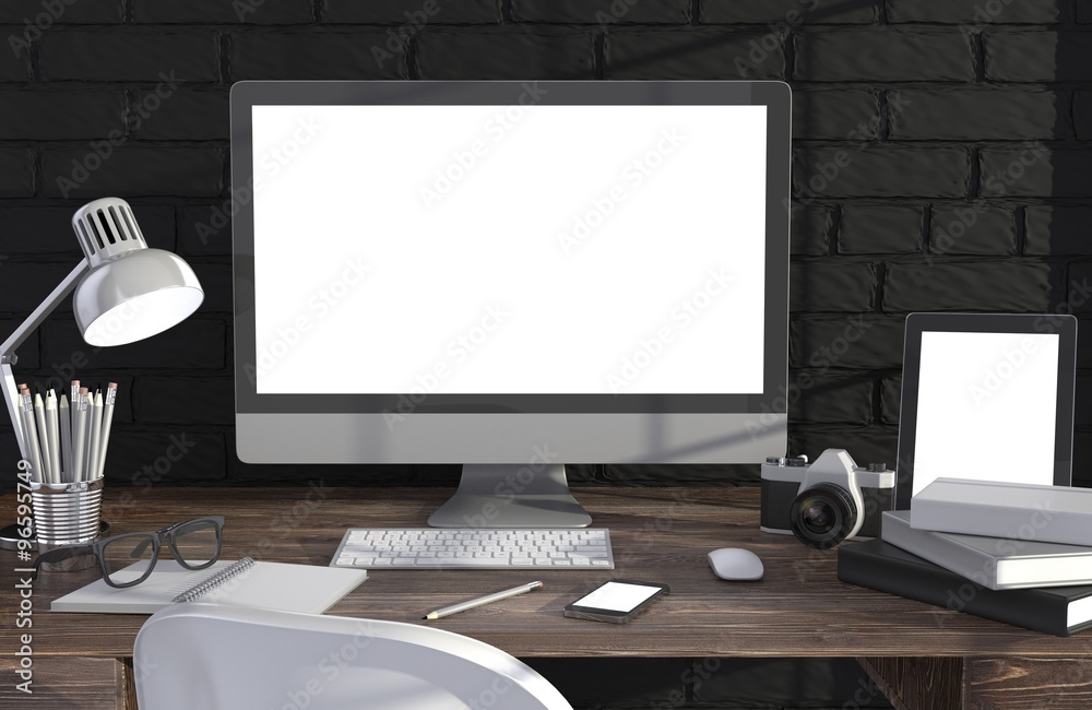 Fototapeta premium 3D illustration PC screen on table in office, Workspace