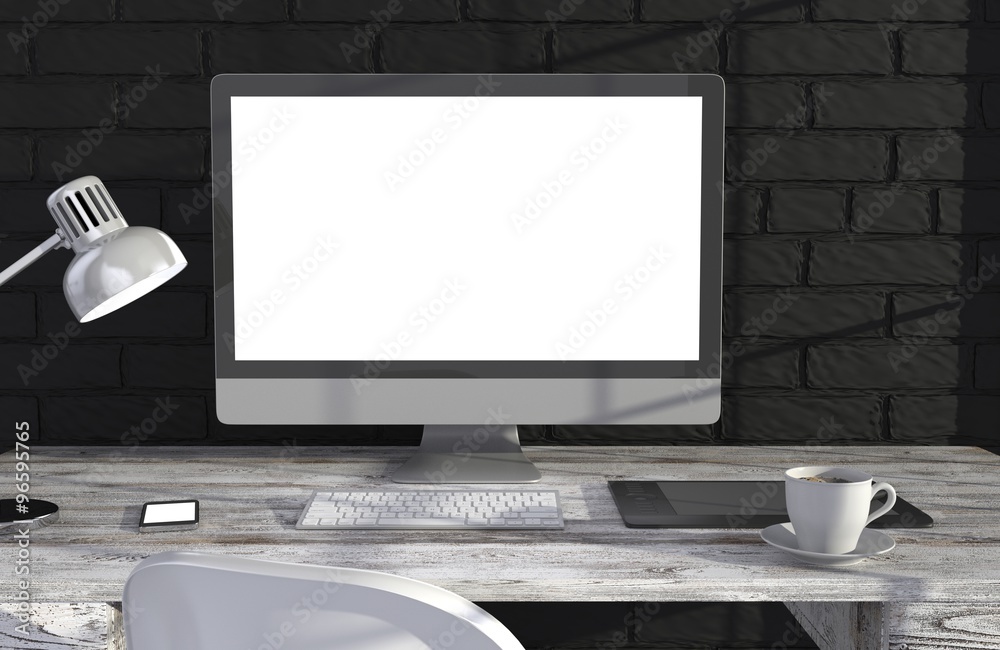 Fototapeta premium 3D illustration PC screen on table in office, Workspace