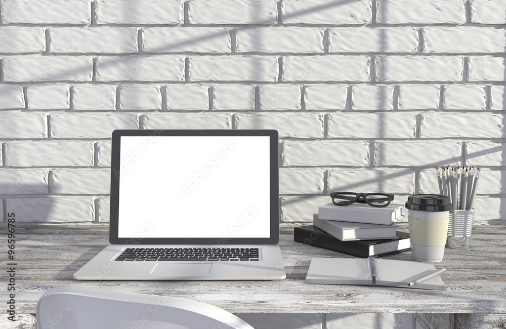 Fototapeta premium 3D illustration laptop and work stuff on table near brick wall, Workspace