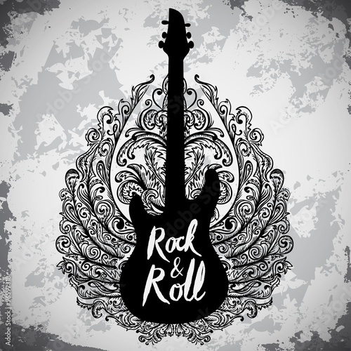 Vintage hand drawn poster with electric guitar, ornate wings and lettering rock and roll on grunge background. Retro vector illustration. Design, retro card, print, t-shirt, postcard