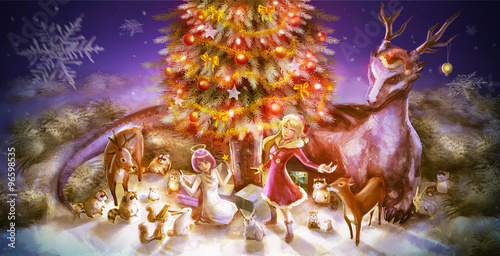 Fantasy character dragon reindeer celebrating Christmas party with tree ornament decoration in snow landscape wilderness wood night scene