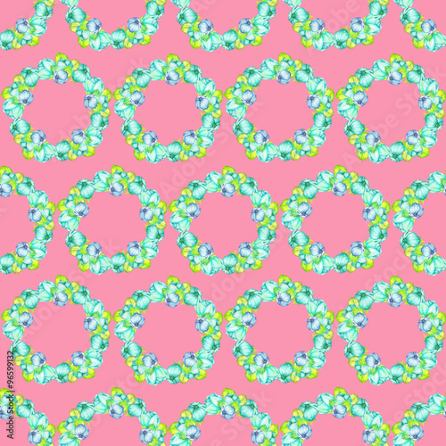 A seamless floral pattern with the wreaths of turquoise and blue beautiful flowers painted in watercolor on a pink background