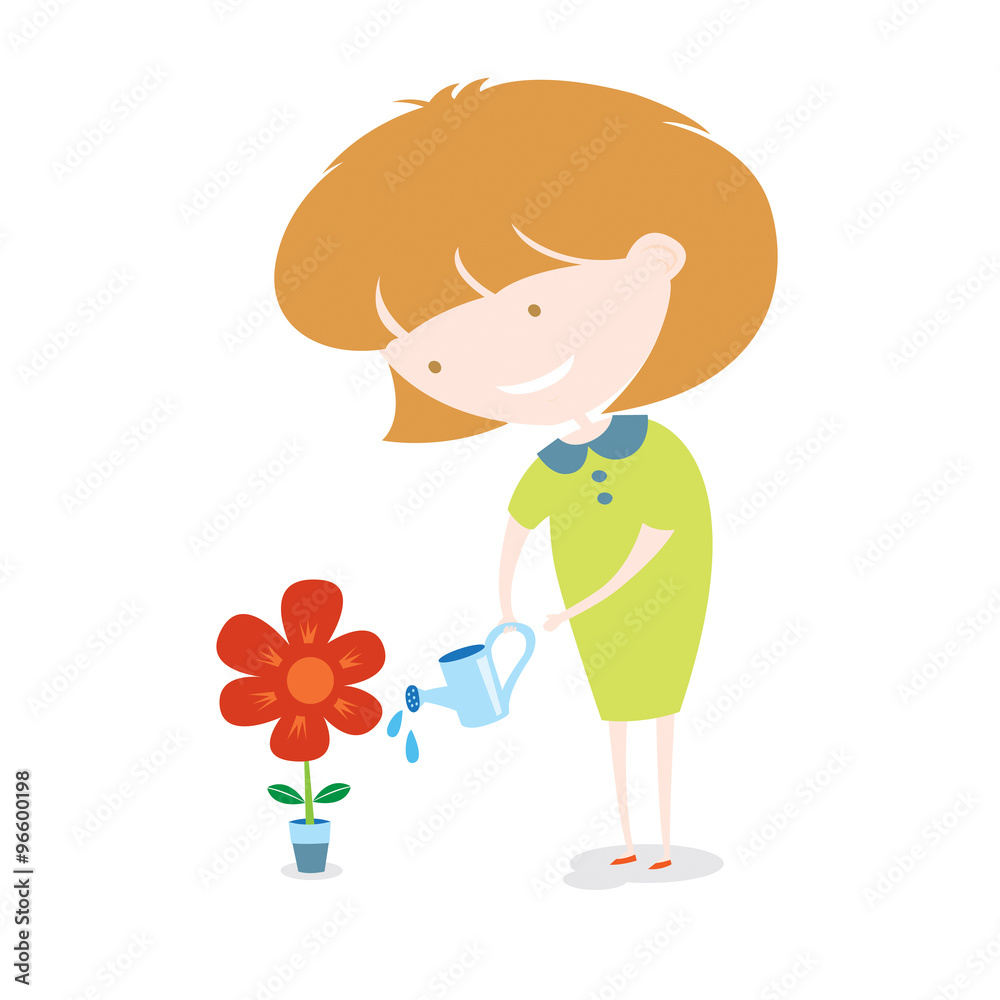 Girl Watering The Flower Vector Illustration. EPS10 Girl Watering The Flower Vector Illustration. EPS10