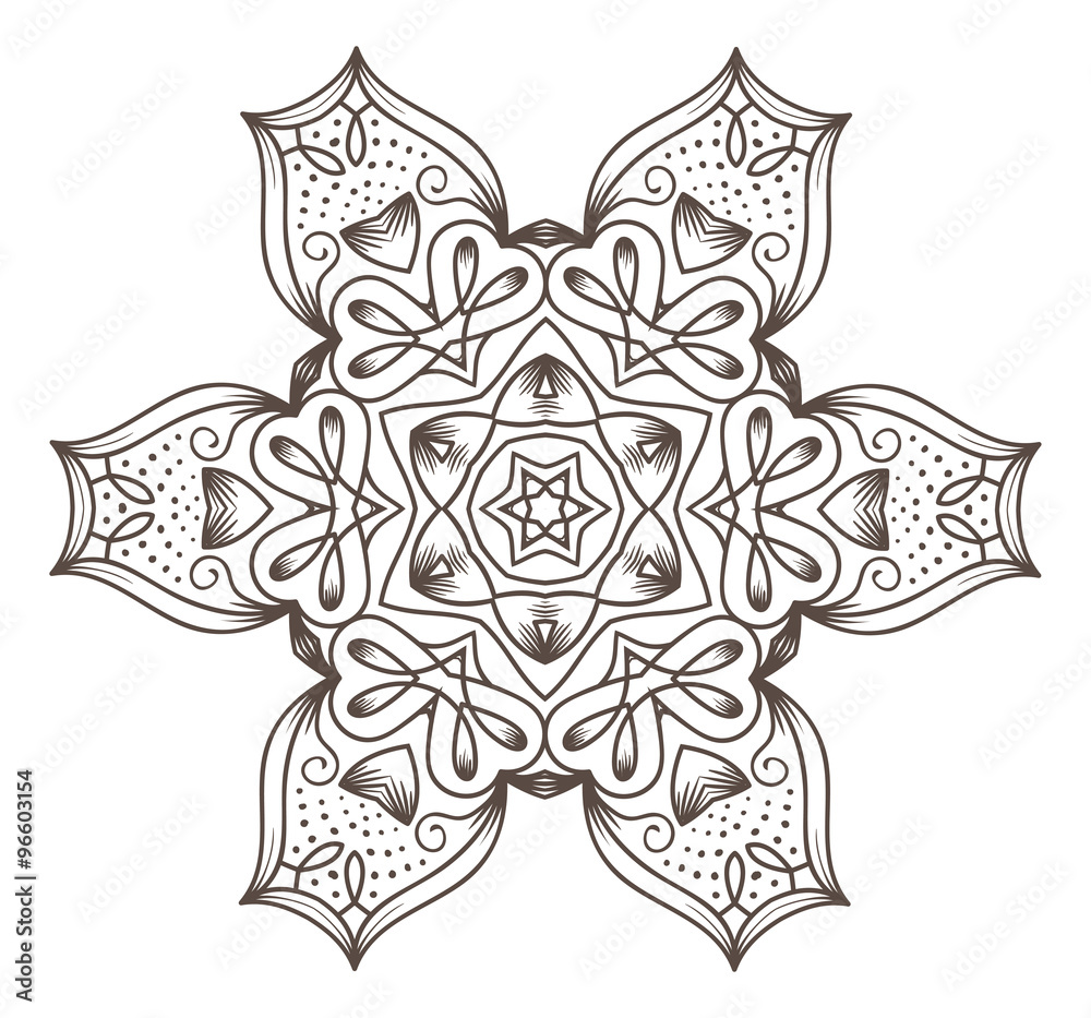 Ethnic Fractal Mandala Vector Meditation looks like Snowflake or Maya Aztec Pattern or Flower Isolated on White