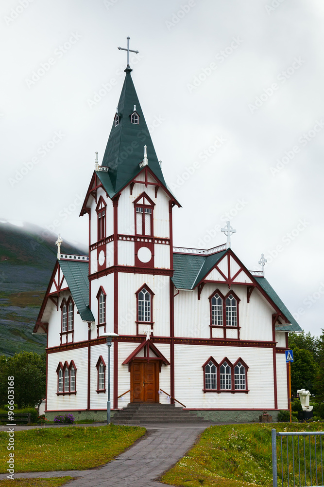 Wooden church Husavikurkirkja in Husavik, Iceland