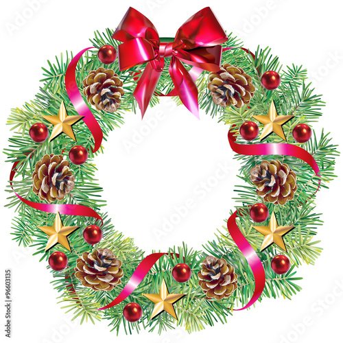 Couronne de Noël : branches de sapin, pommes de pin, noeud, boules et ruban rouge, étoiles or