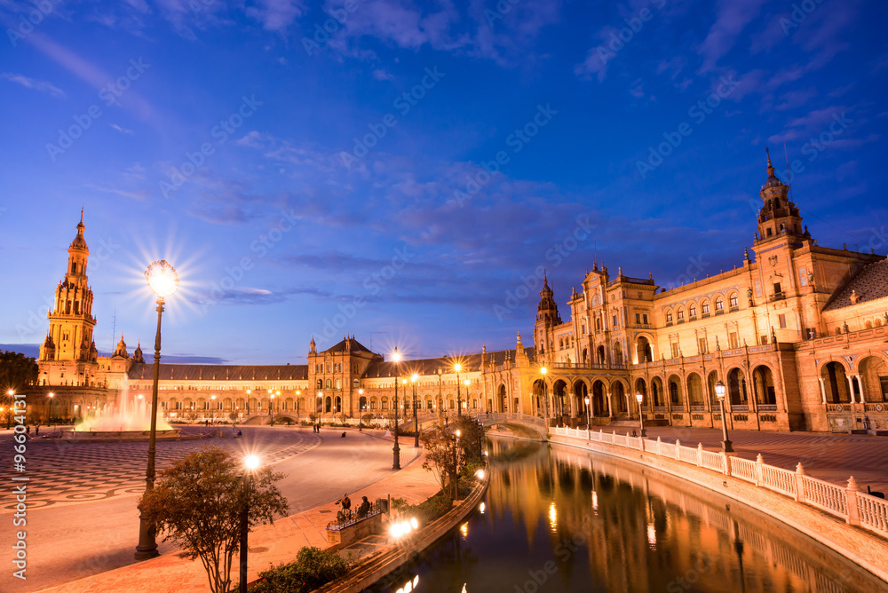 Plaza de Espana (Spain square) at night in Seville, Andalusia