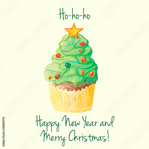 Christmas and New Year watercolor cupcake greeting card