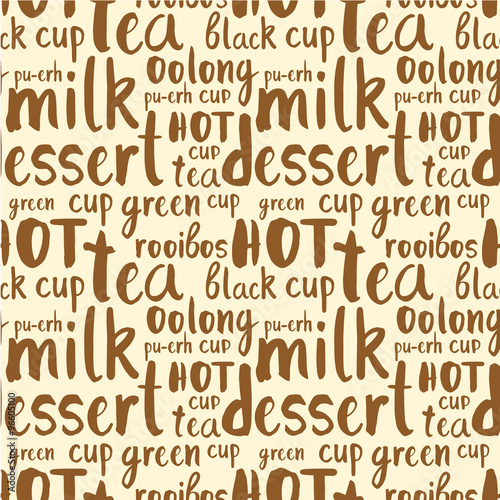 Pattern of tea party doodls.  Seamless background with words. photo