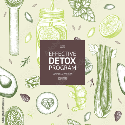 Seamless pattern with ink hand drawn diet elements sketch. Vintage healthy food and detox program background.