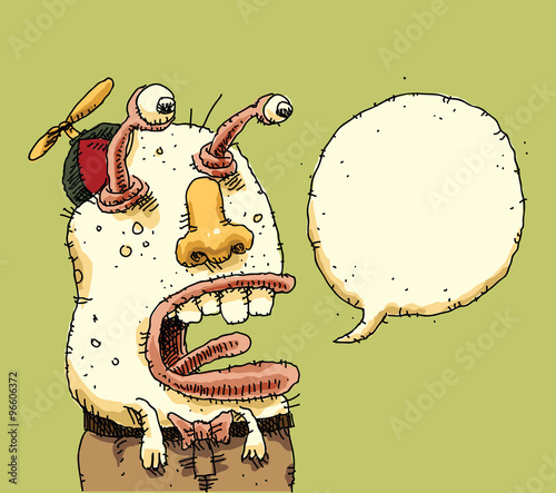 A funny cartoon alien talking with a big, blank speech bubble.