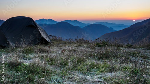 Tent on a a top of the mountain. Bulgaria.