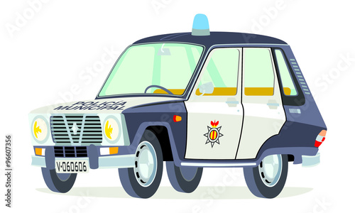 Caricatura Renault 6 policia española blanco y negro vista frontal y lateral
