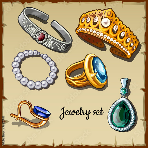 Postcard set of jewelry made stones, six icons of gold and silver