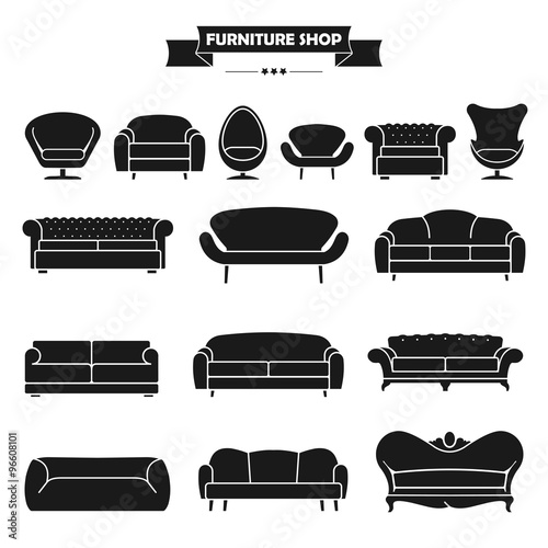Luxury modern sofa and couch icons set. Vintage furniture collection.