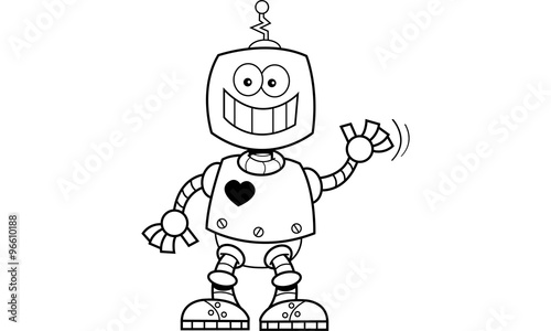 Black and white illustration of a smiling robot waving.