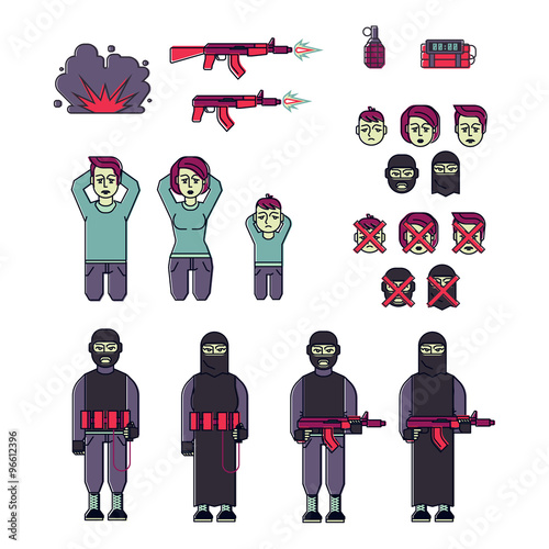 Icon set of men, women terrorist and victim vector
