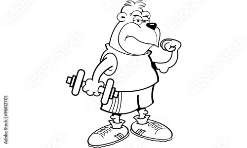 Black and white illustration of a gorilla holding a dumbbell.