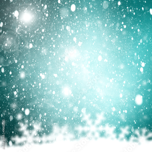 white falling snow on teal blue background, Merry Christmas or w