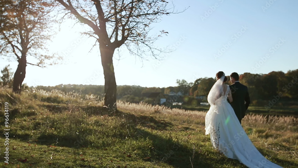 young couple bride and groom at sunset in the park young couple bride and groom at sunset in the park