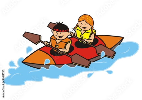 double canoe, boy and girl, vector icon