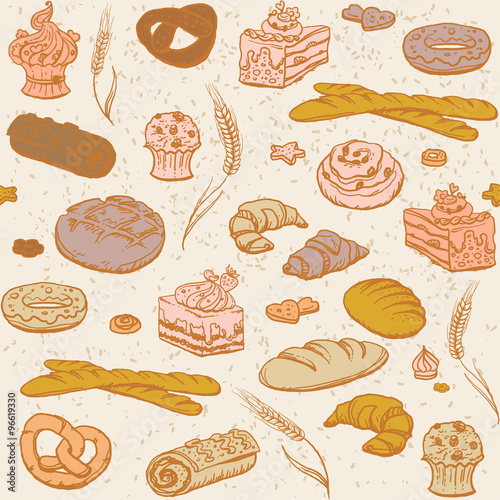 Seamless background with bread and pastry