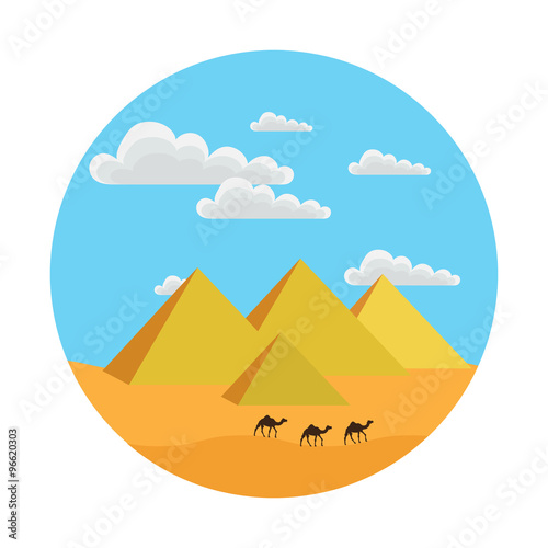 round icon style flat. it shows the Egyptian pyramids, clouds, sand, camels
