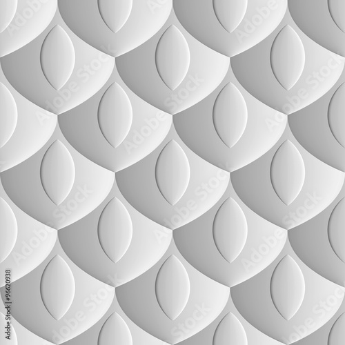 Seamless abstract white background - scales embossed design. Light tone. Vector 3D illustration.