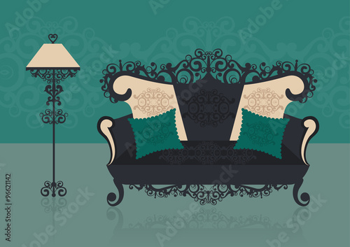 Green sofa in an interior. Vector  illustration