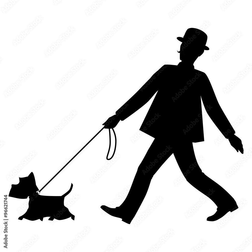 Silhouettes gentleman and his dog are walking Silhouettes gentleman and his dog are walking