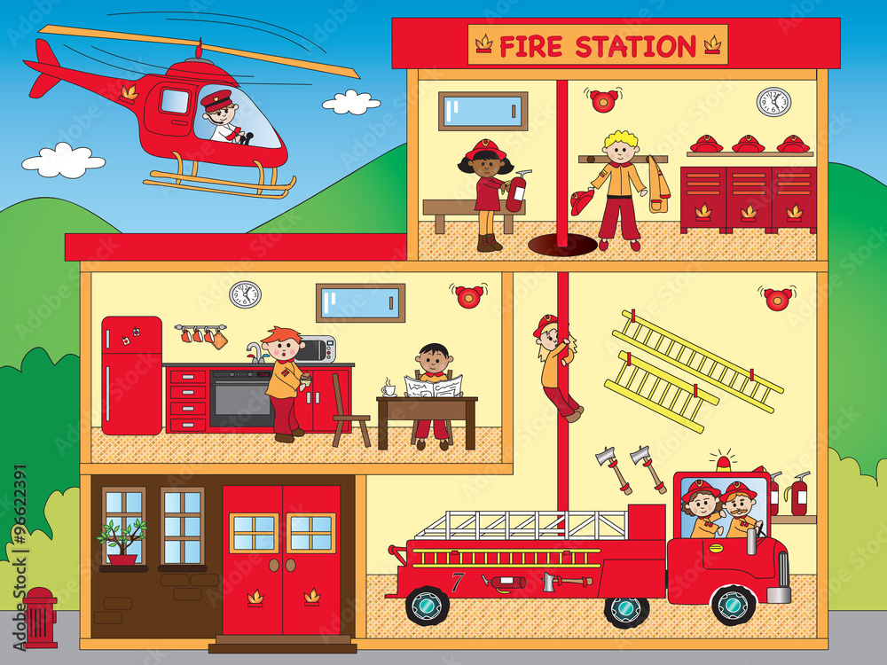 Что находится внутри пожарной машины fire station Иллюстрация Stock Adobe Stock