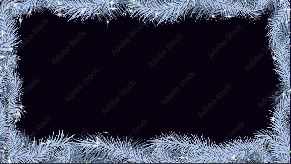 Border from gleaming, shining frozen pattern on dark window. Winter theme. Animation of colored sparkles