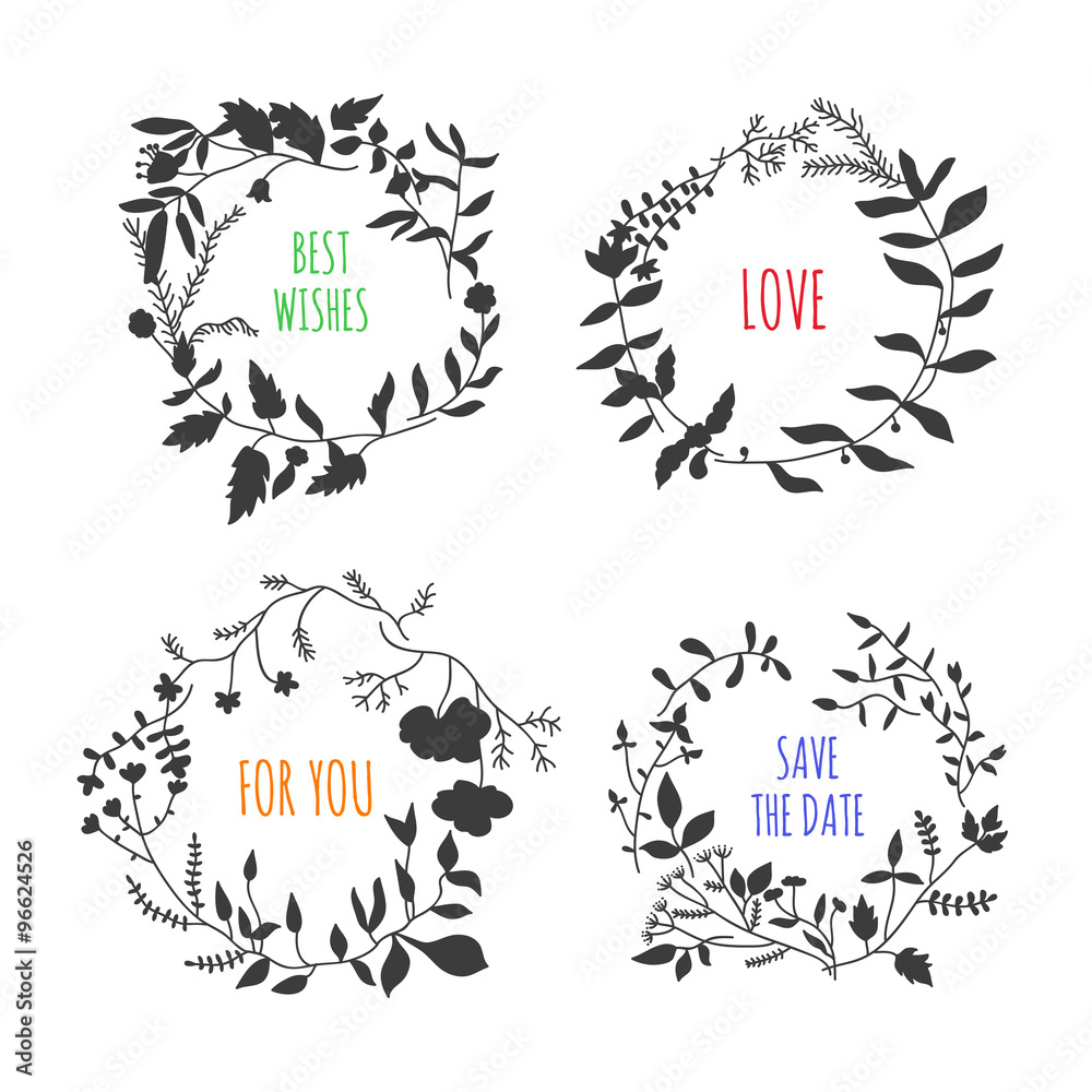 Lovely vector floral wreaths on white background. Round frames with nature elements: flowers, plants