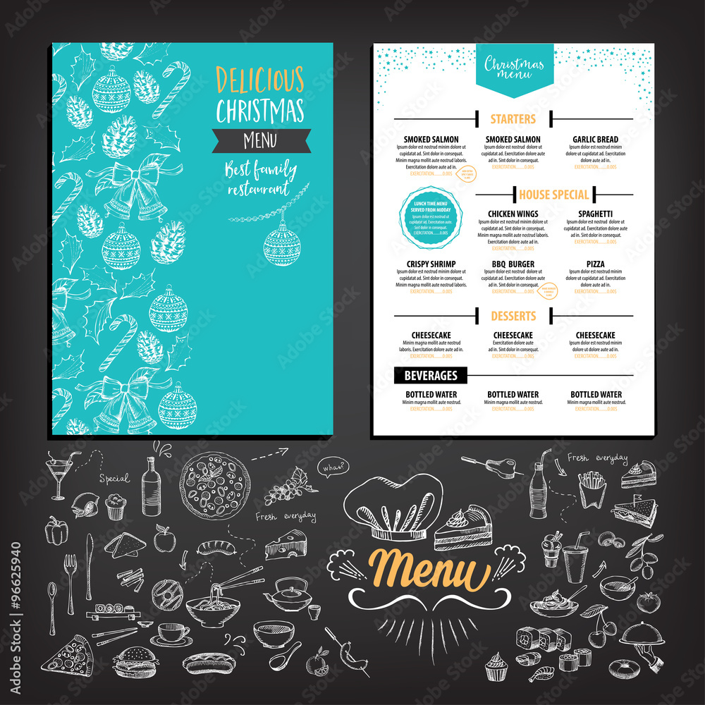 Naklejka premium Vector christmas restaurant brochure, menu design. Vector holiday template with xmas hand-drawn graphic. Happy New Year invitation flyer.
