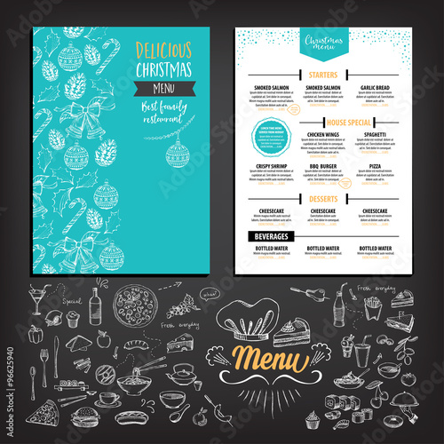 Vector christmas restaurant brochure, menu design. Vector holiday template with xmas hand-drawn graphic. Happy New Year invitation flyer.
