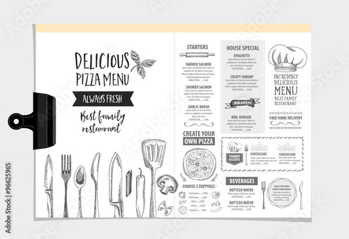 Vector restaurant brochure, menu design. Vector cafe template with hand-drawn graphic. Food flyer.