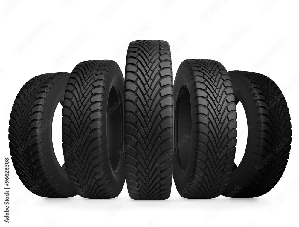 Five automobile tires isolated on white background. Five automobile tires isolated on white background.