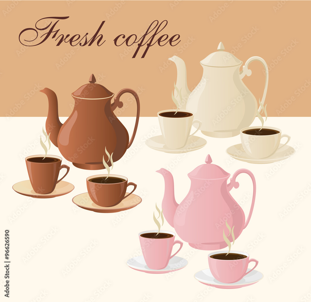 Obraz premium Set of insulated coffee pots and cups of coffee.