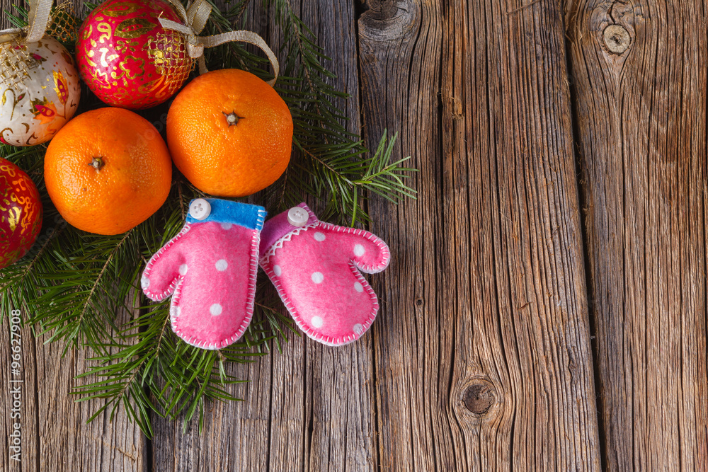 Balls with tangerines on rustic tabel Balls with tangerines on rustic tabel