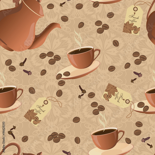 Seamless pattern with coffee pot  cups and coffee beans.