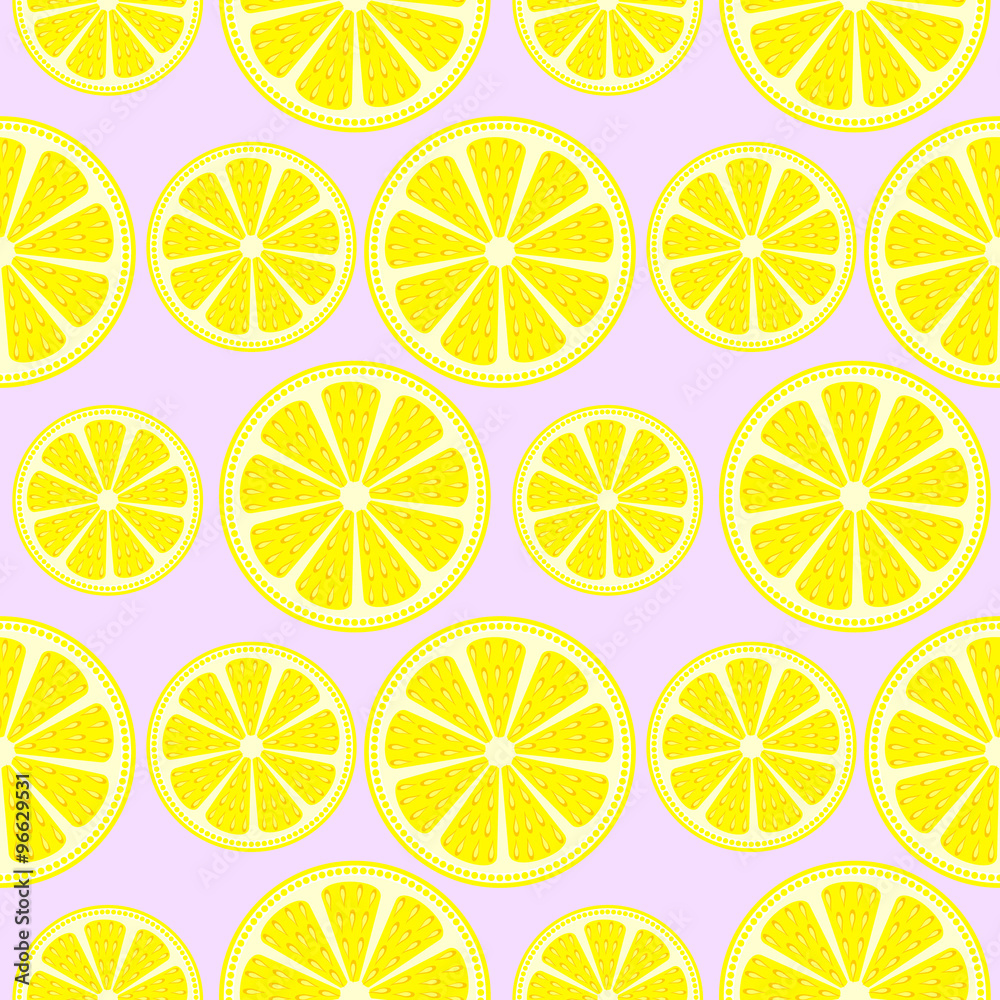 Seamless fruits vector pattern, bright close-up background with lemons over light violet backdrop Seamless fruits vector pattern, bright close-up background with lemons over light violet backdrop