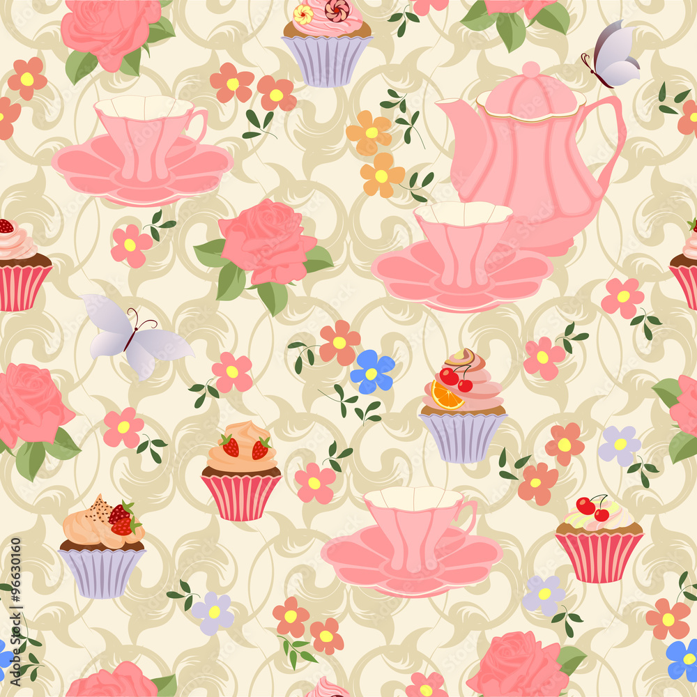 Seamless pattern with teapots, cups, cupcakes, flowers and butterflies. Seamless pattern with teapots, cups, cupcakes, flowers and butterflies.