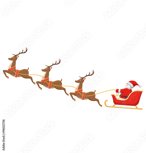 Santa on Sleigh and His Reindeers Isolated on White