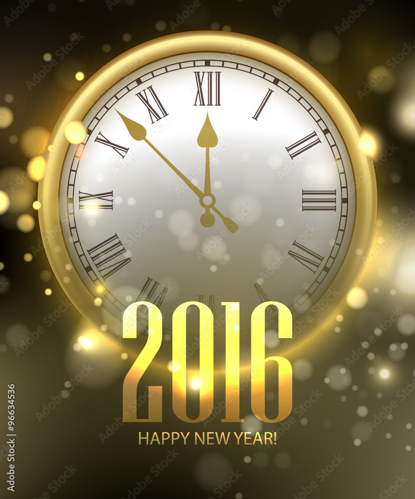 Fototapeta premium Vector 2016 Happy New Year background with clock. Vector illustration