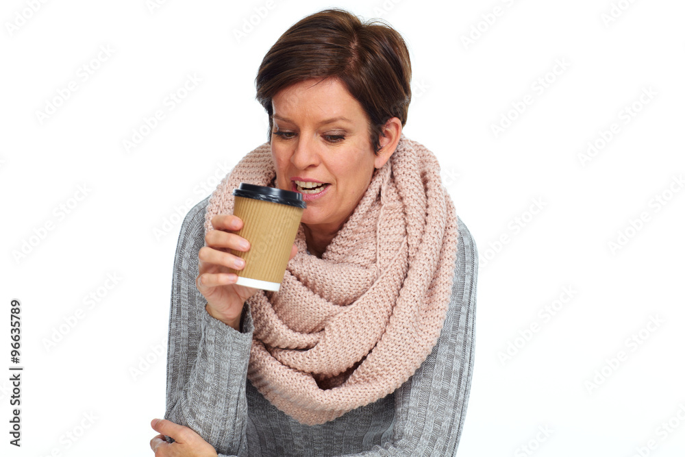 Beautiful lady with scarf and coffee mug.