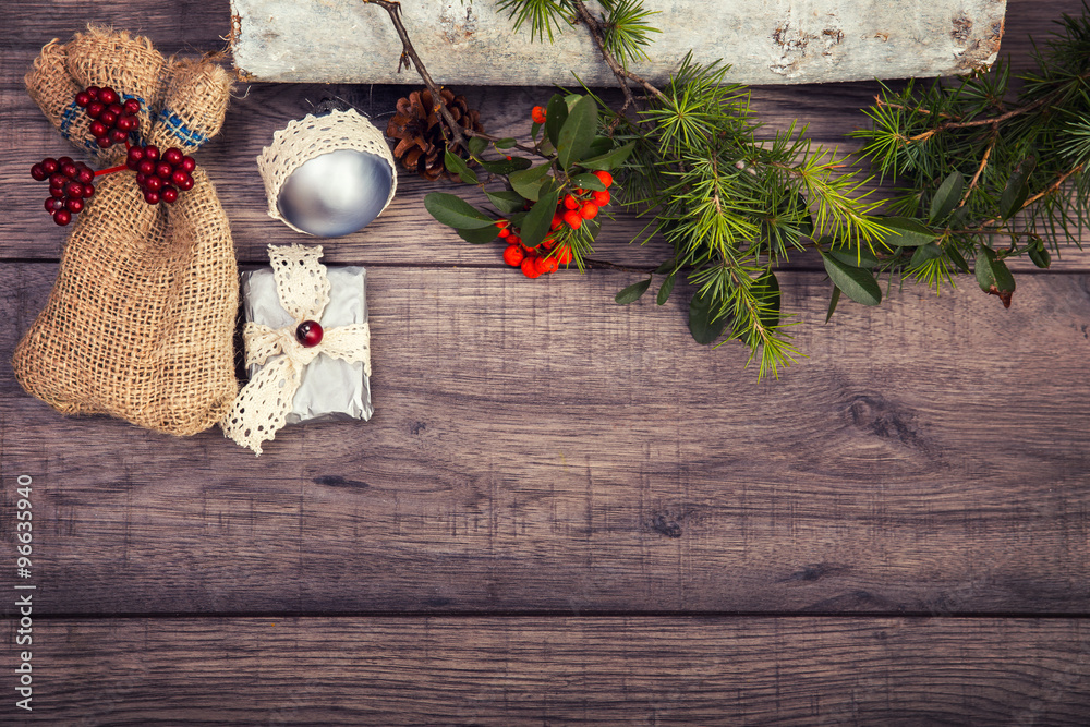 Christmas wooden background, copy space