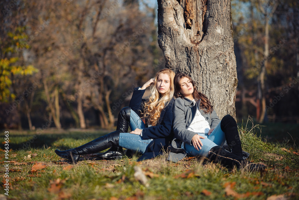 Two happy and cheerful young girl students, blond and brunette in coat and jeans laughing in sunny autumn park full of fallen leaves, horizontal pictures Two happy and cheerful young girl students, blond and brunette in coat and jeans laughing in sunny autumn park full of fallen leaves, horizontal pictures